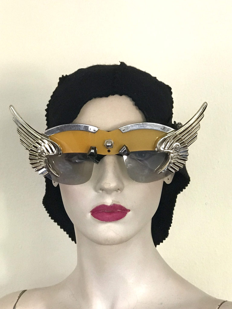 handmade futuristic modern steampunk unusual eye wear mask gold wings Hi Tek yellow face - Image 3