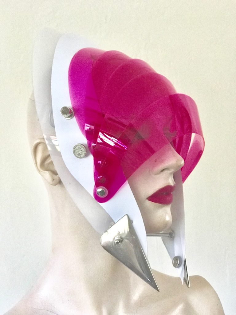 Unusual Head Wear futuristic, mask hat headpiece helmet modern Steampunk wearable art pink