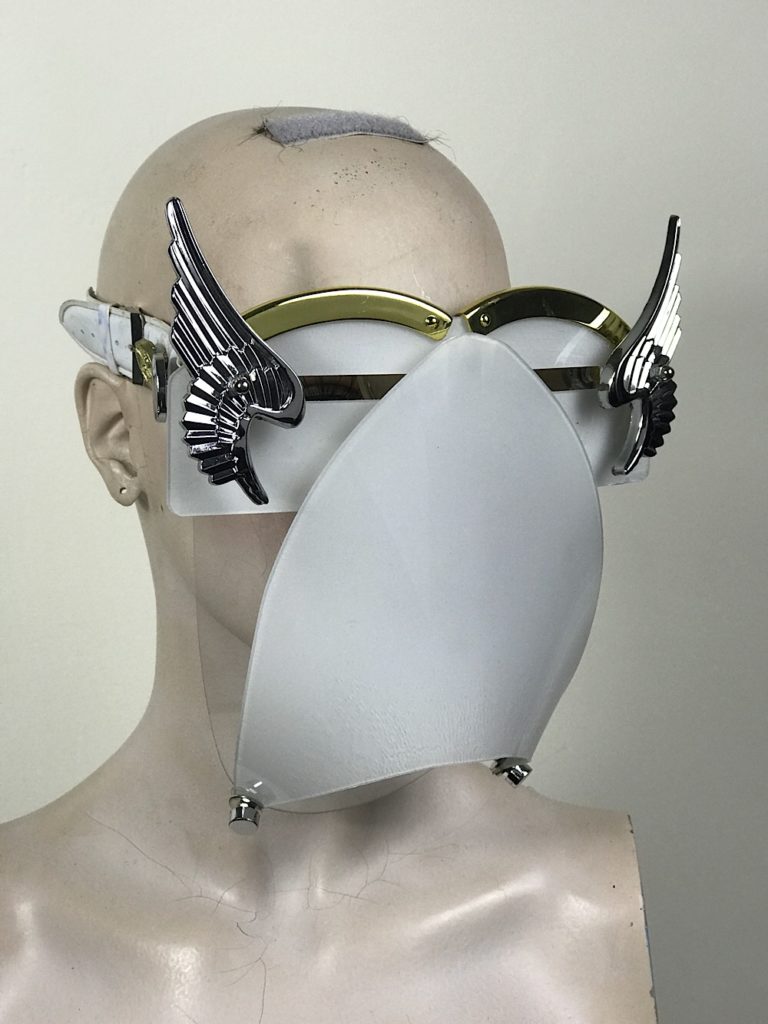 White eyewear mask with metal angel wings and muzzle Hi Tek