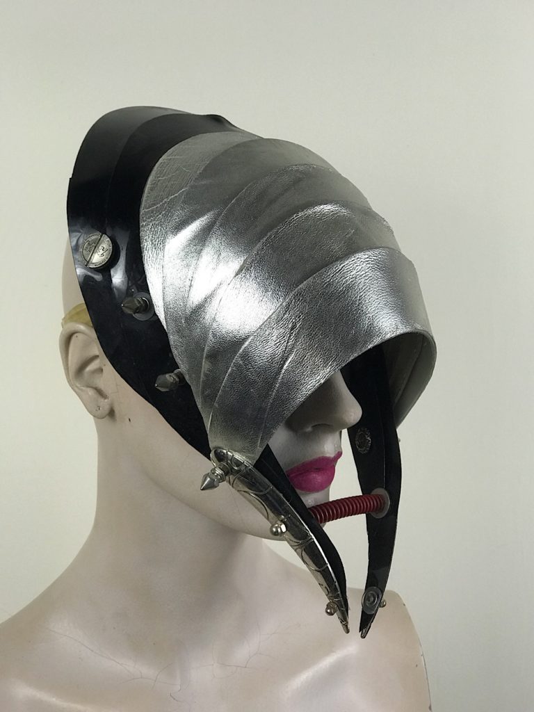 Unusual Head Wear mask silver leather with horns alien helmet metallic leather - Image 5