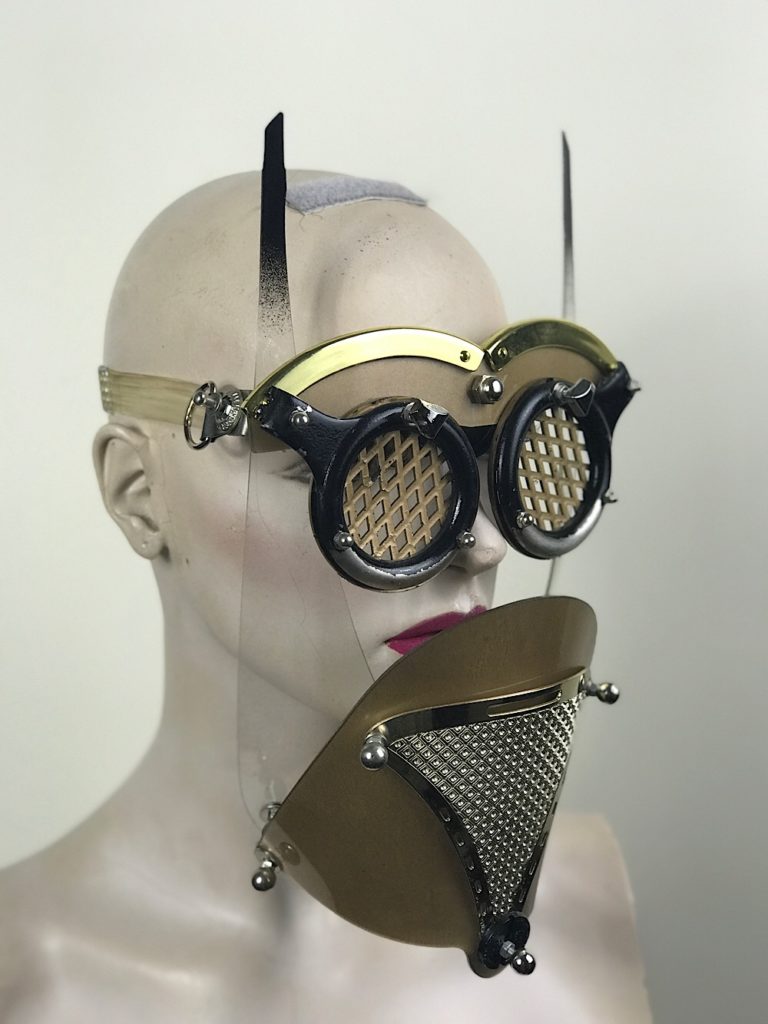 Gold mask with horns muzzle metal mouth shield perforated metal ocular lenses for artists styling filming