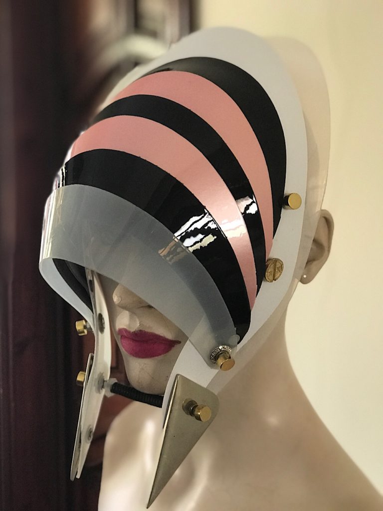 Unusual Head Wear futuristic, mask hat headpiece helmet mode rn Steam punk wearable art pink black - Image 2