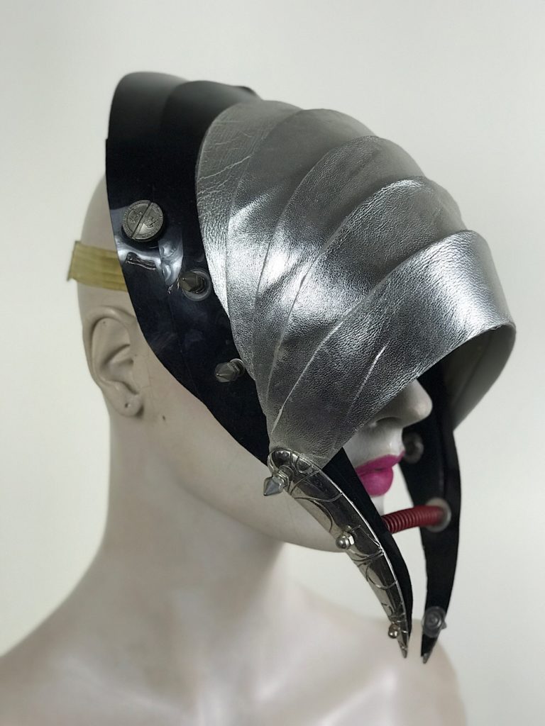 Unusual Head Wear mask silver leather with horns alien helmet metallic leather