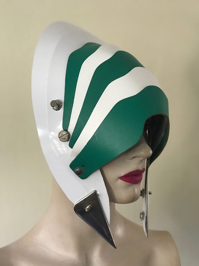 Unusual Head Wear futuristic, mask hat headpiece helmet mode rn Steampunk wearable art green white - Image 2