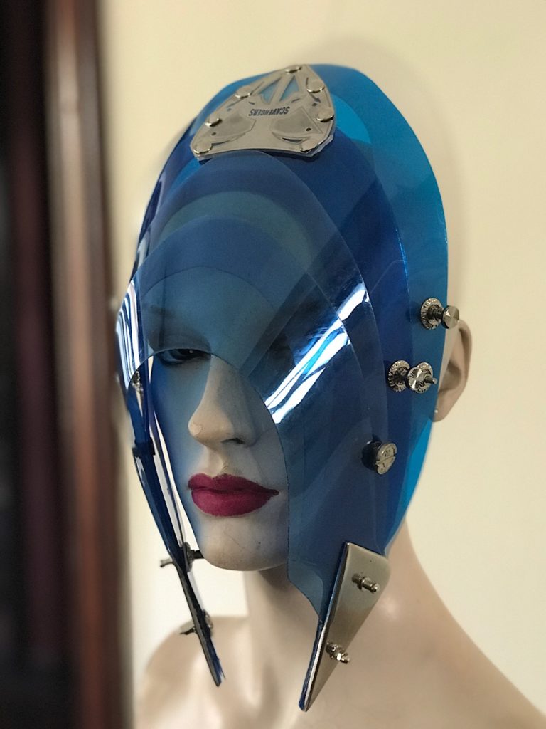 Unusual Head Wear futuristic, mask hat headpiece helmet modern Steampunk wearable art blue