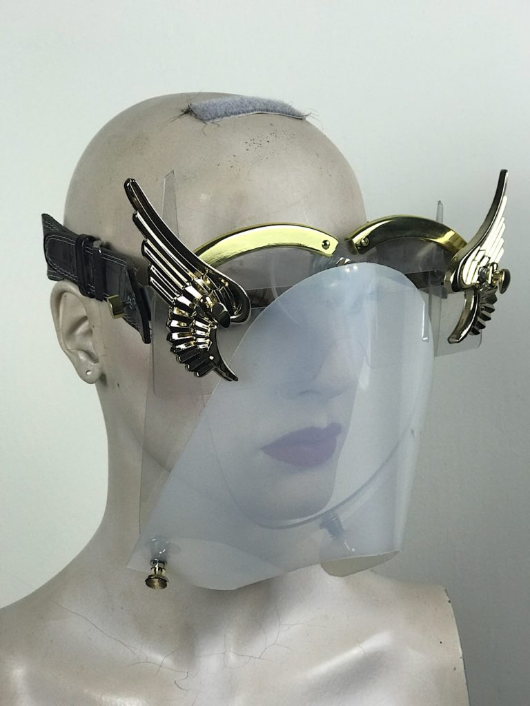 eye wear mask with metal angel wings and muzzle futuristic fantasy modern steampunk unusual Hi Tek