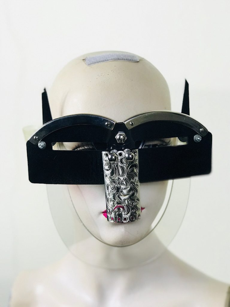Black eyewear mask with horns and metal nose shield Hi Tek