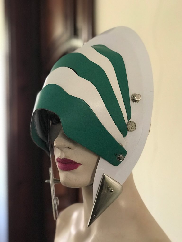 Unusual Head Wear futuristic, mask hat headpiece helmet mode rn Steampunk wearable art green white - Image 4