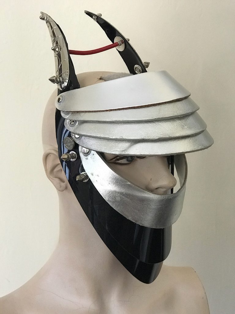 Unusual Head Wear mask silver leather with horns alien helmet metallic leather