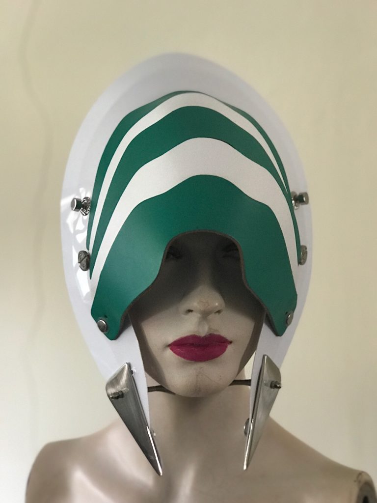 Unusual Head Wear futuristic, mask hat headpiece helmet mode rn Steampunk wearable art green white - Image 3