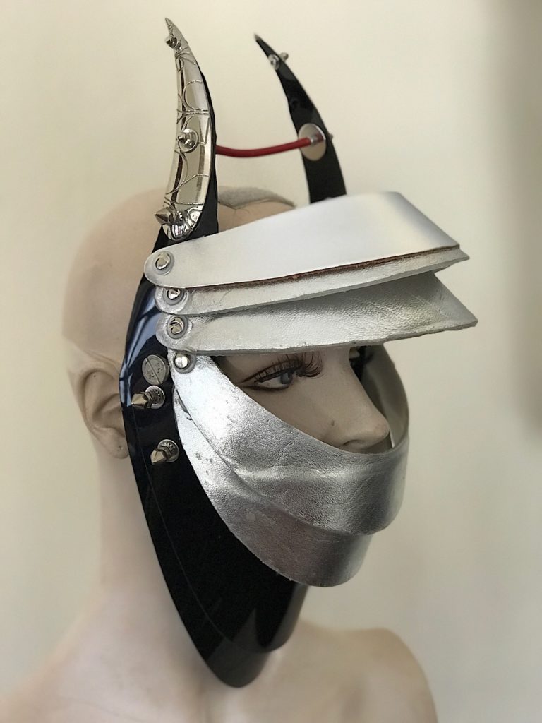 Unusual Head Wear mask silver leather with horns alien helmet metallic leather - Image 3