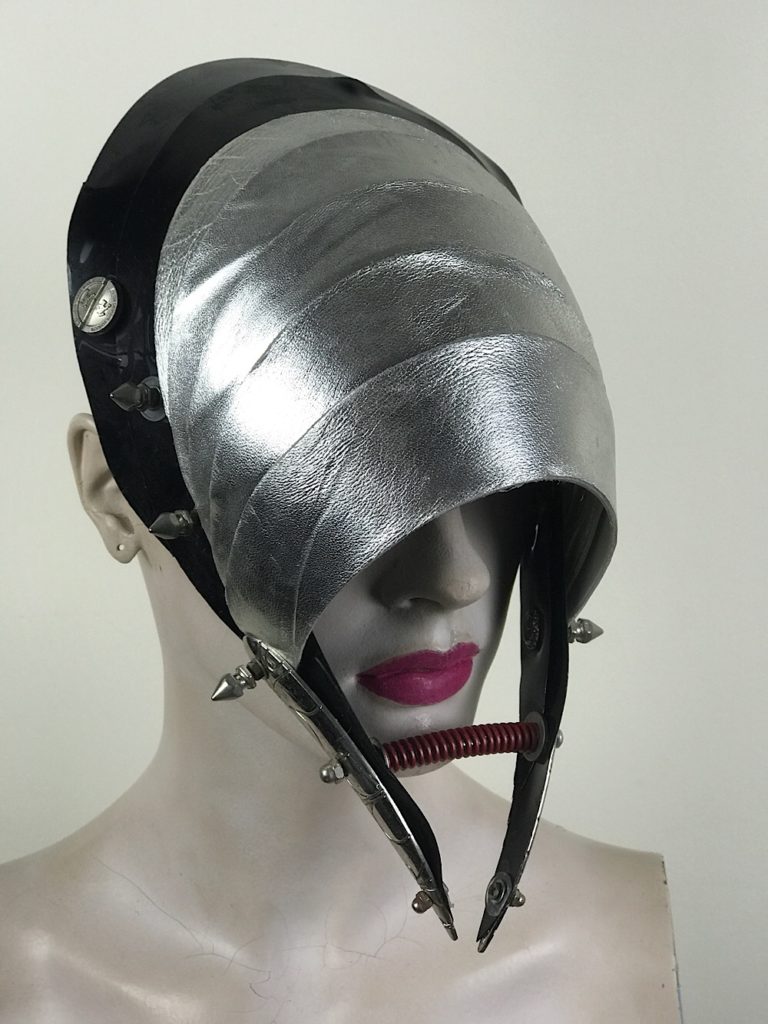 Unusual Head Wear mask silver leather with horns alien helmet metallic leather - Image 2