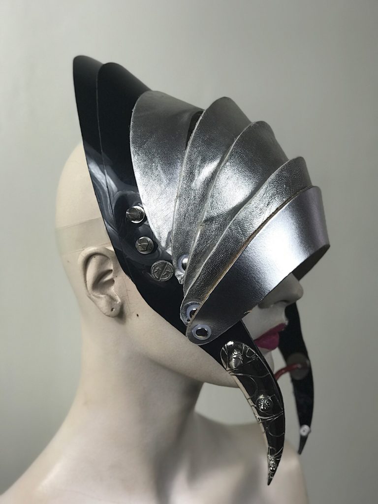 Unusual Head Wear mask silver leather with horns alien helmet metallic leather - Image 4