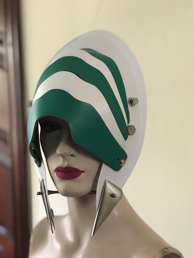 Unusual Head Wear futuristic, mask hat headpiece helmet mode rn Steampunk wearable art green white