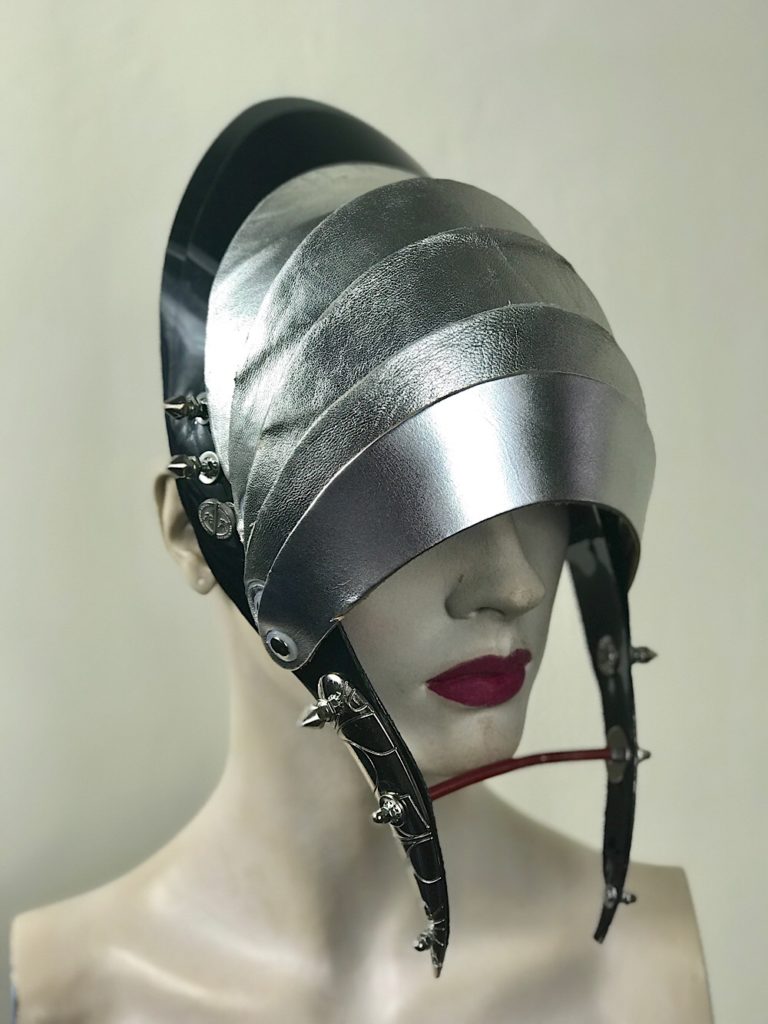 Unusual Head Wear mask silver leather with horns alien helmet metallic leather - Image 2