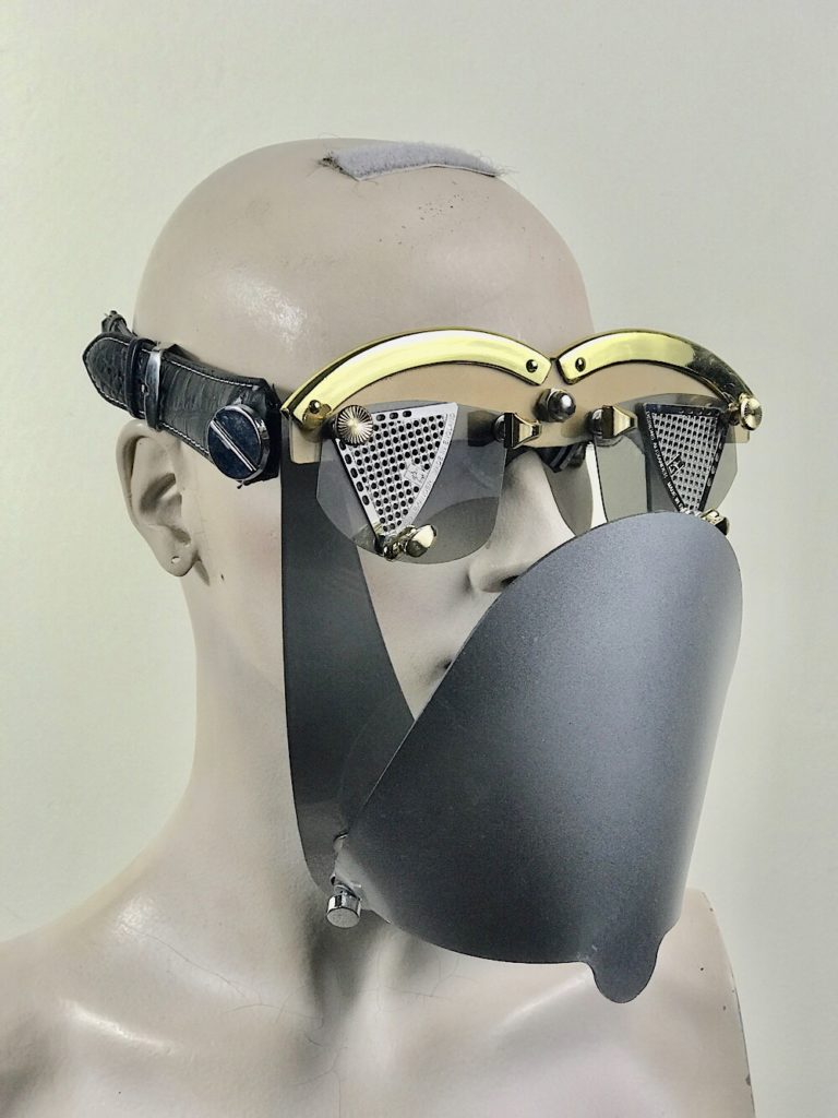 eye wear mask with metal lenses and silver grey muzzle futuristic fantasy  modern steampunk unusual Hi Tek
