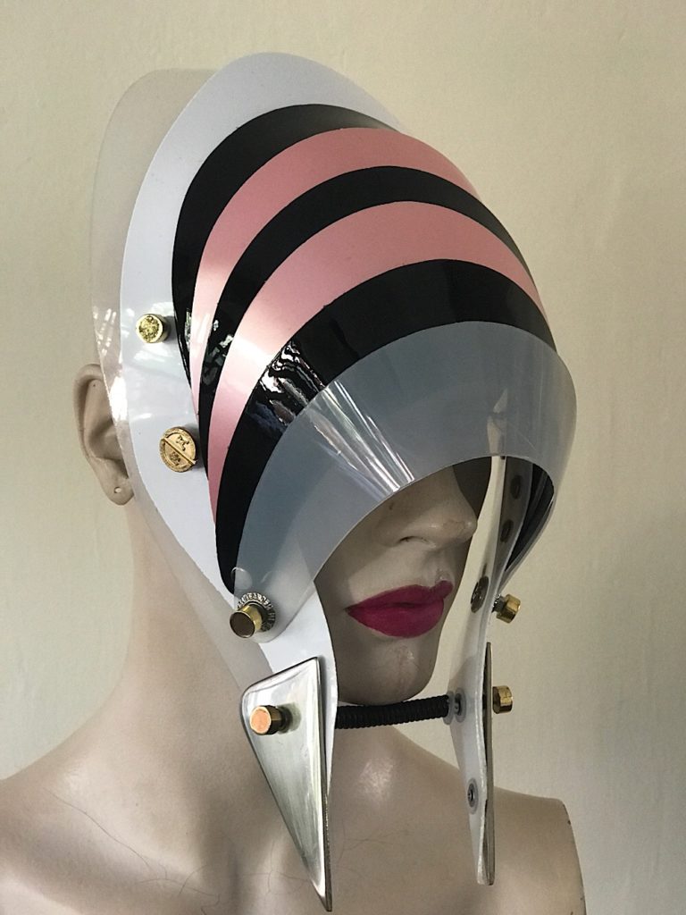 Unusual Head Wear futuristic, mask hat headpiece helmet mode rn Steam punk wearable art pink black