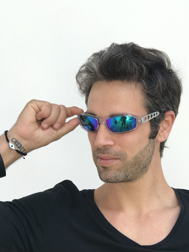 small goggle sunglasses blue mirror lens metal temples  Hi Tek