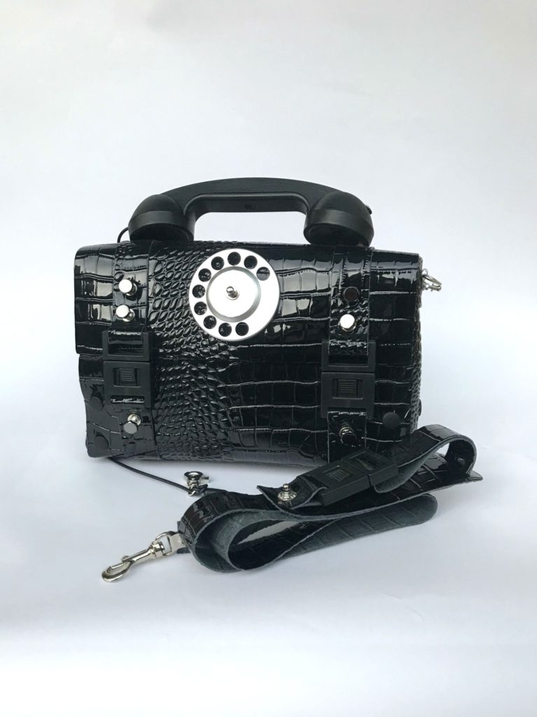 black shiny leather shoulder bag retro telephone handset as handle - Image 2