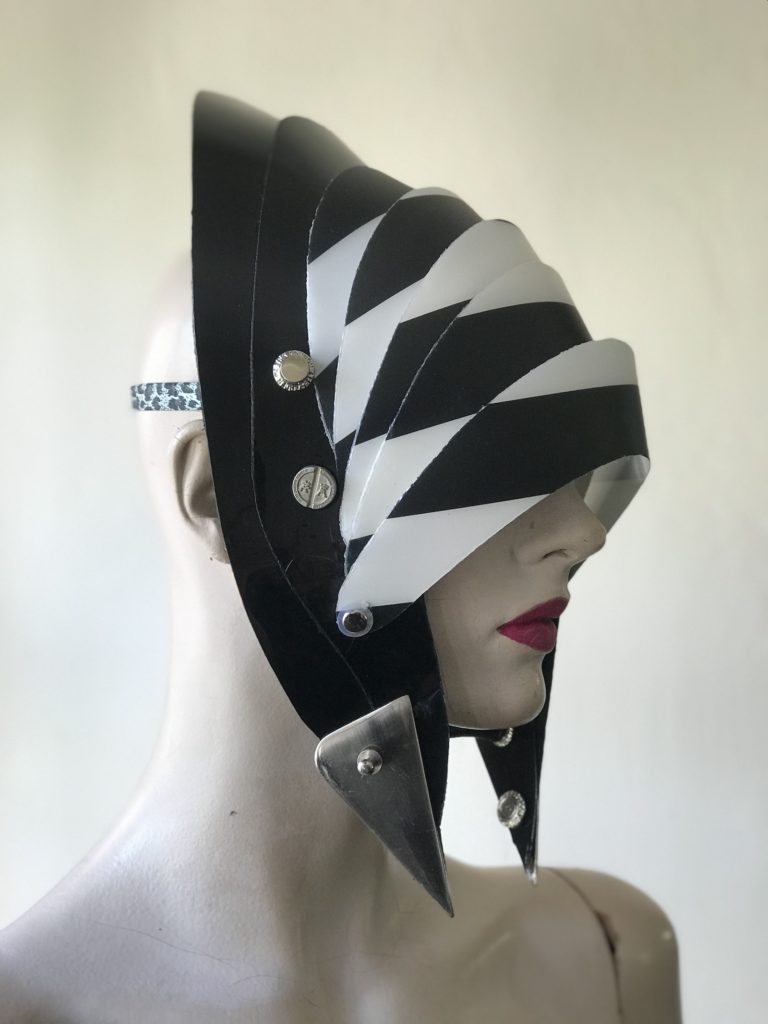 Unusual unique design in head wear, futuristic, black and white stripes - Image 3